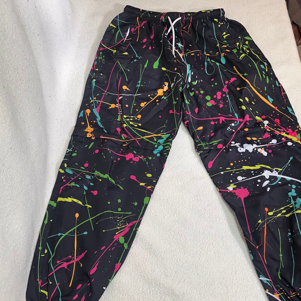 Funny Guy Mugs Convertible Zip Off Pants Medium Neon Paint Splatter Streetwear